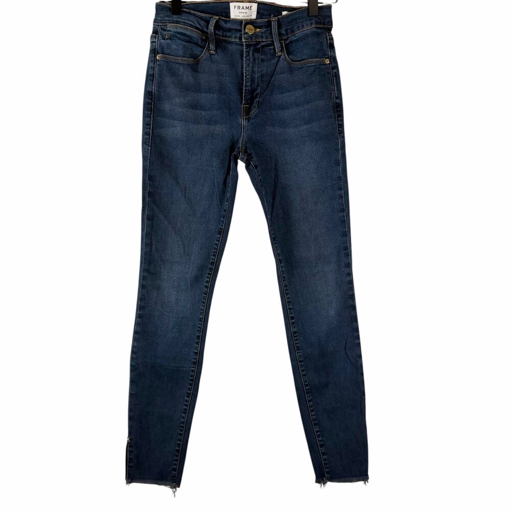 Frame Denim Le High Skinny Slit Jeans Fonda Dark Was Blue Raw Hem Size 26